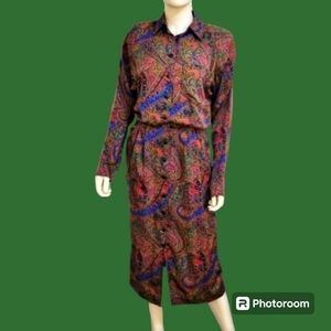 VTG 1990s PRESTIGE BUSINESS FASHIONS Jewel Tone Paisley Holiday Shirt Dress